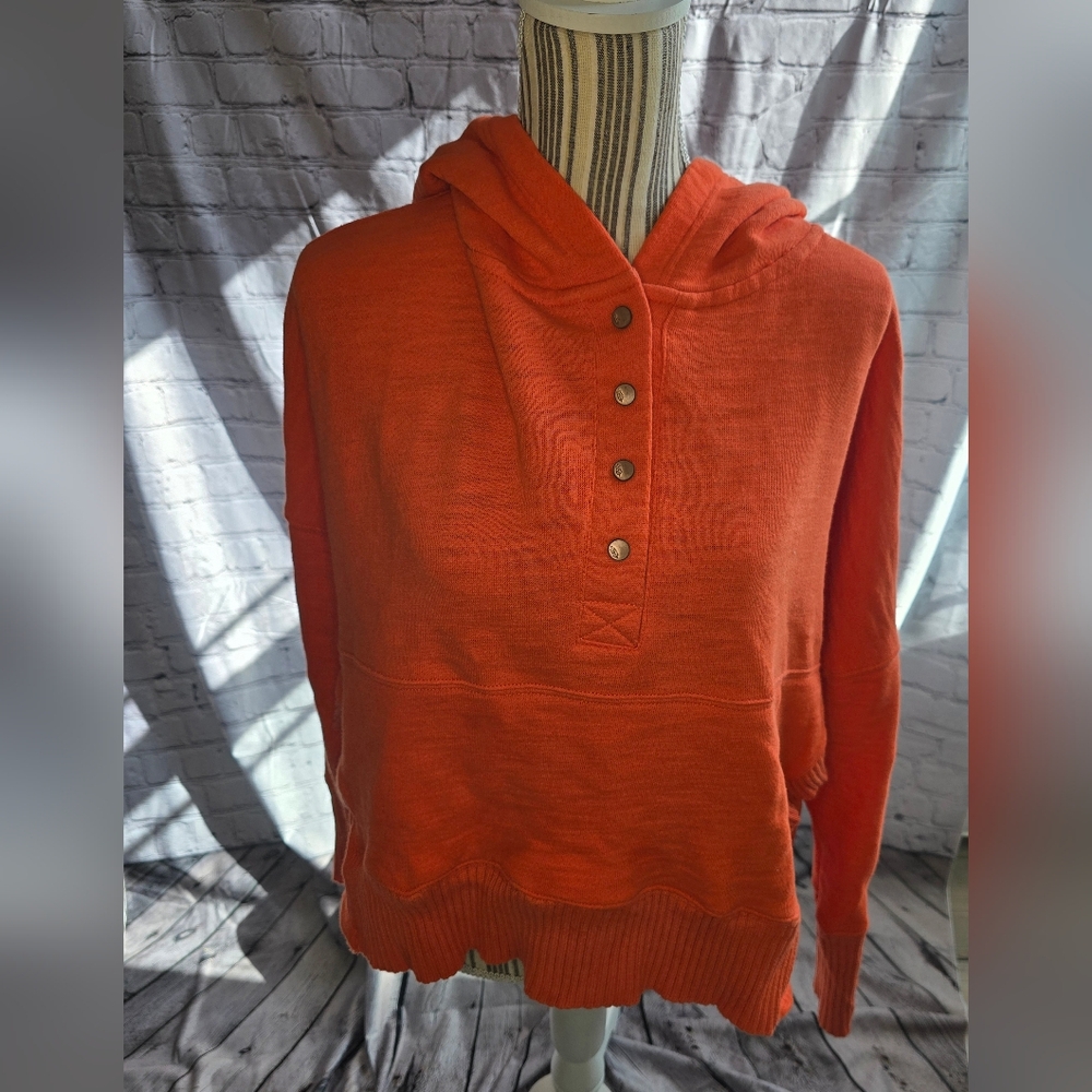 Free People Movement Oversized Orange Hooded Sweatshirt with Button Detail